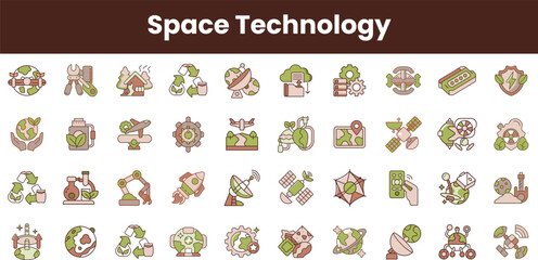 A vibrant collection of space technology icons featuring green and earth tones, representing innovation in sustainability, exploration, and research in outer space.