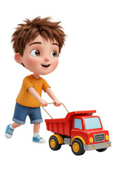 3d Rendering Boy Pushing Red Toy Truck Isolated on Transparent Background