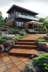 Modern Home with Outdoor Patio and Waterfall Feature