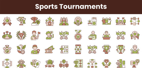 A vibrant collection of sports tournament icons featuring various themes like trophies, medals, athletes, and events, showcasing the spirit of competition in a playful style.