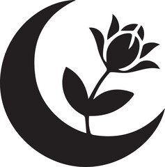 Silhouette of a crescent moon with a rose stemming from it. 