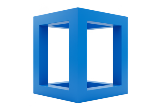 3D Rendering of Blue Geometric Cube Shape with Transparent Background