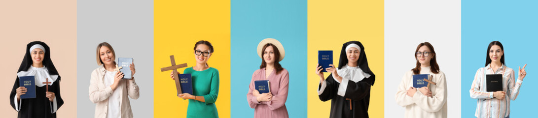 Set of many women with Bible on color background