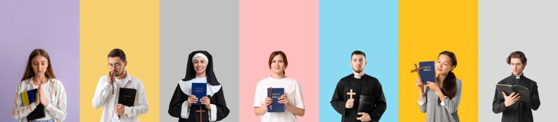Set of many people with Bible on color background