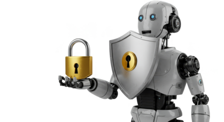 3d Rendering of Security Robot Holding Golden Padlock on Transparent Background