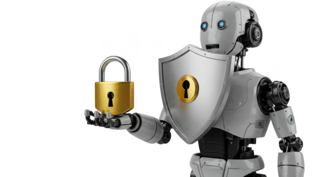 3d Rendering of Security Robot Holding Golden Padlock on Transparent Background