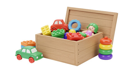 3D Rendering of Wooden Box Filled with Colorful Toys Collection