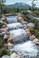 Mountain landscape with flowing water and wildflowers.