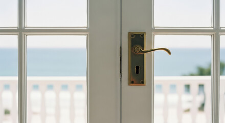 French doors opening to seaside balcony with brass hardware, coastal vacation living for rental and hospitality website banners
