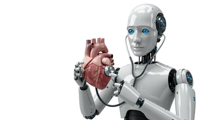 Naklejka premium 3d Rendering Robot Holds Human Heart Artificial Organ Transparent Background