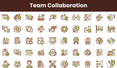 A diverse set of icons representing team collaboration, featuring tasks like communication, project management, and group discussions in a harmonious color scheme.
