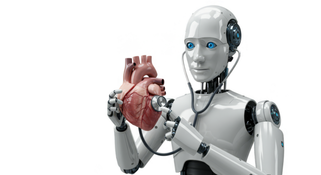 3d Rendering Robot Holds Human Heart Artificial Organ Transparent Background