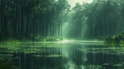 Mystical Green Forest and Calm Lake Landscape