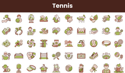A colorful collection of tennis-themed icons, showcasing various aspects of the sport such as players, equipment, and court elements in a playful design.