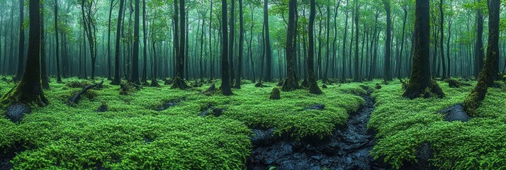 Mystical Forest Floor Covered in Lush Green Moss