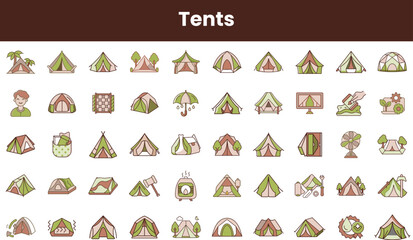 A collection of diverse tent illustrations featuring various styles and designs, perfect for camping, outdoor activities, and adventure themes.