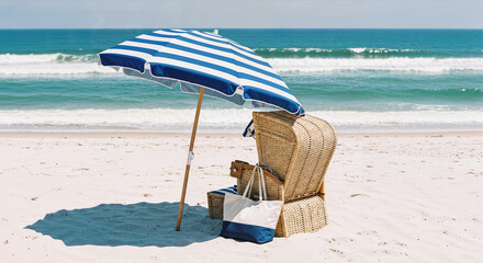 Hamptons beach scene with striped umbrella and wicker chair on pristine sand, luxury coastal lifestyle for vacation rental website banners and travel marketing headers