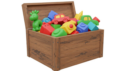 3d Toy Chest Full Of Wooden Colorful Shapes Blocks For Play In Transparent