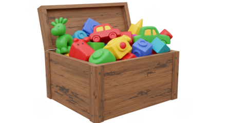 3d Toy Chest Full Of Wooden Colorful Shapes Blocks For Play In Transparent