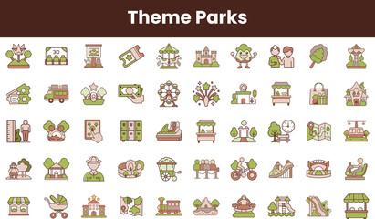 A colorful collection of playful icons representing various elements of theme parks, including rides, attractions, and activities, all in a whimsical and engaging style.