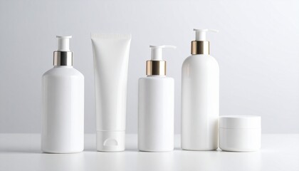 Collection of luxurious white cosmetic bottles and jars for skincare products