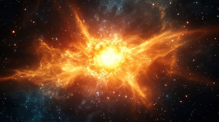 Fototapeta premium Fiery cosmic explosion with swirling nebula and distant stars in deep space