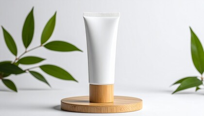 Natural Skincare Tube Packaging Design with Green Leaf Accents and Wooden Base
