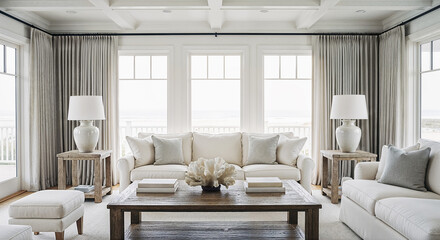 Hamptons formal living room with neutral tones and symmetrical seating, sophisticated coastal interior for luxury home website banners and real estate marketing headers