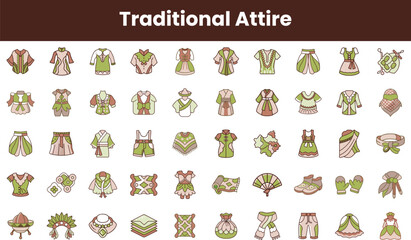 A vibrant collection of traditional attire featuring diverse designs in shades of green and beige, showcasing cultural richness and intricate patterns.