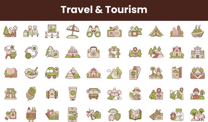 A vibrant collection of travel and tourism icons, featuring diverse activities and destinations, ideal for enhancing travel-related projects and designs.
