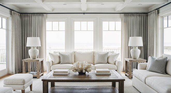 Hamptons formal living room with neutral tones and symmetrical seating, sophisticated coastal interior for luxury home website banners and real estate marketing headers