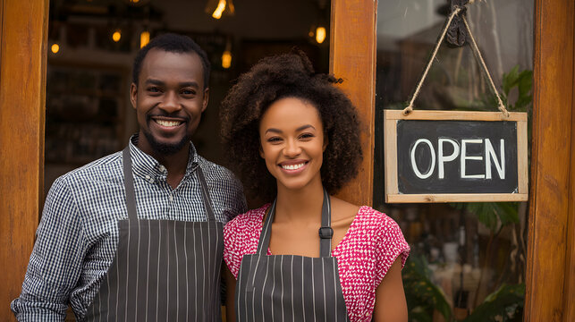 Smiling African American Couple Standing In Shop Doorway With Open Sign