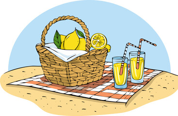Picnic with a wicker basket, lemonade in old glasses and a checkered tablecloth on the sand.