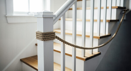 Hamptons curved staircase with white spindles and natural wood handrail, elegant coastal architecture for luxury home website banners and real estate headers