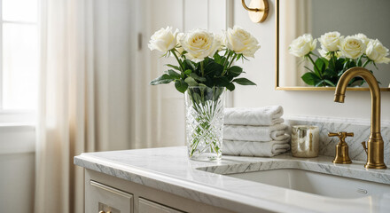 Hamptons bathroom vanity with white roses and marble countertop, elegant coastal spa retreat for luxury home website banners and interior design headers