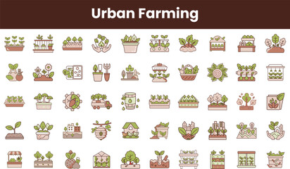 A colorful collection of urban farming icons showcasing various plants, gardening tools, and sustainable agriculture concepts, arranged in a visually appealing grid.