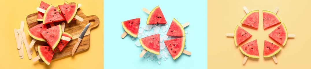 Set of sweet watermelon slice popsicles on color background, top view