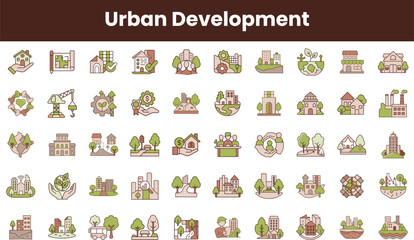 A vibrant collection of urban development icons showcasing sustainable buildings, green spaces, and community growth, designed with a modern and eco-friendly aesthetic.