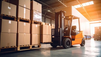 Modern Warehouse Operations with Forklift Handling Cardboard Boxes and Pallets