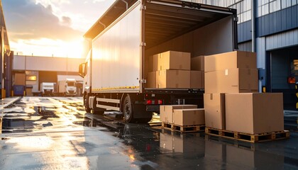 Commercial Truck Unloading Parcels onto Warehouse Loading Dock Area