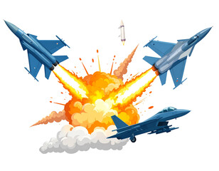 Three fighter jets engaged in aerial combat, amidst a fiery explosion and smoke