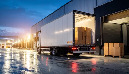 Commercial Truck Unloading Cargo Into Warehouse Loading Dock at Dusk