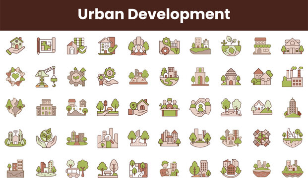 A vibrant collection of urban development icons showcasing sustainable buildings, green spaces, and community growth, designed with a modern and eco-friendly aesthetic.