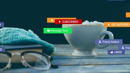 Subscribe prompt drifting in, UI labels floating and vanishing around cup guiding engagement