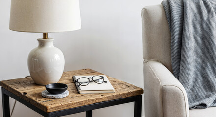 Hamptons coastal side table with ceramic lamp and neutral decor, elegant beachhouse styling for luxury home website banners and interior design headers
