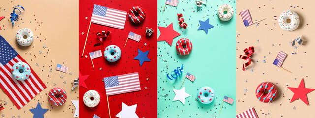 Collage of sweet donuts and American flags on color background. USA Independence Day