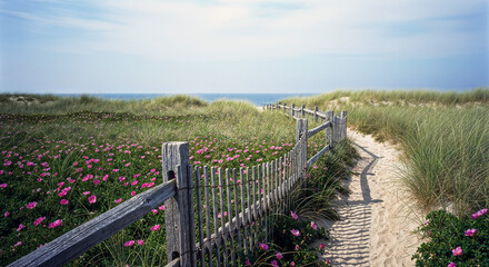 Hamptons coastal pathway through beach dunes with wooden fence, scenic oceanfront walkway for luxury vacation rental website banners and travel marketing headers