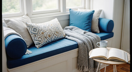 Hamptons window seat with blue pillows and coastal textiles, cozy beachhouse reading nook for luxury home website banners and interior design headers