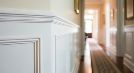 Hamptons hallway with white wainscoting and crown molding, elegant coastal home interior detail for luxury real estate website banners and design headers