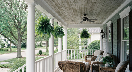 Hamptons front porch with white columns and outdoor seating, classic coastal home exterior for luxury real estate website banners and property marketing headers
